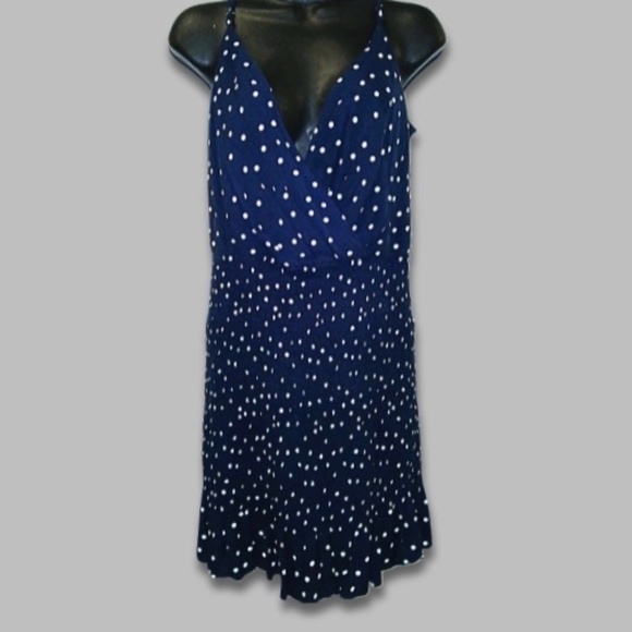 Row A Mini Dress Polka Dot Surplice Smocked V-Neck Ruffled Navy/White Large NWT - Picture 1 of 6